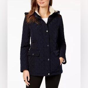 Laundry by Shelli Segal Fleece-Lined Hooded Coat Navy Blue‎ Quilted Sz L